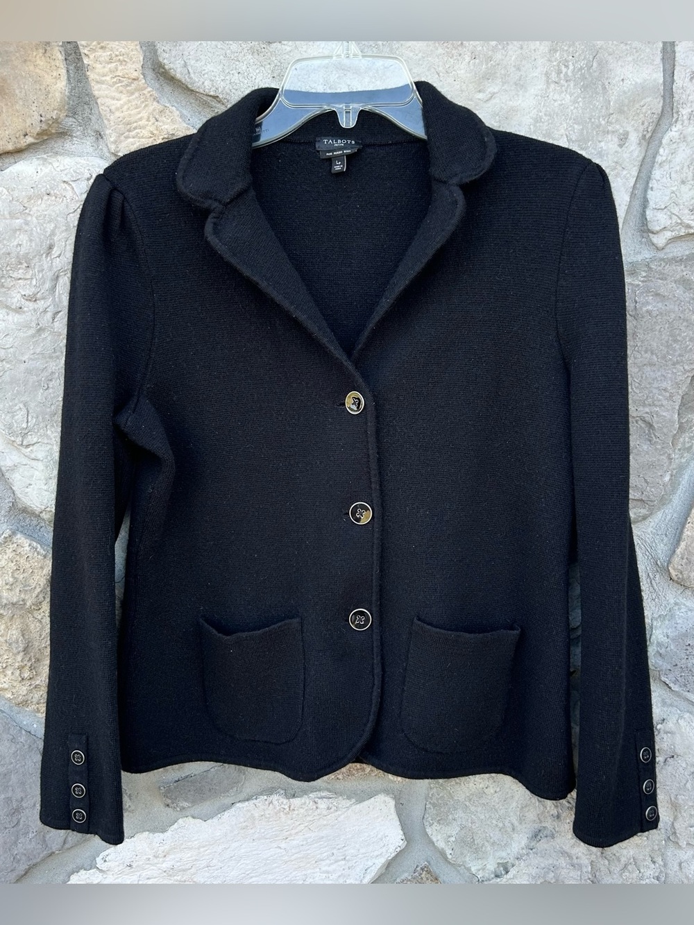 Talbots 100% Merino Wool Blazer Size Large Petite Black Minimalist Career Wear